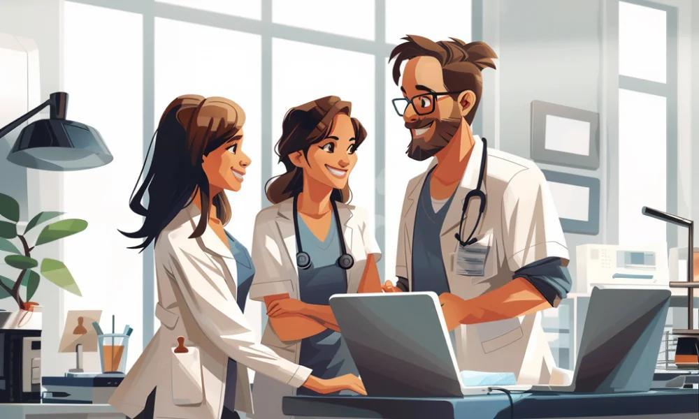 Illustration of dentists smiling near laptops